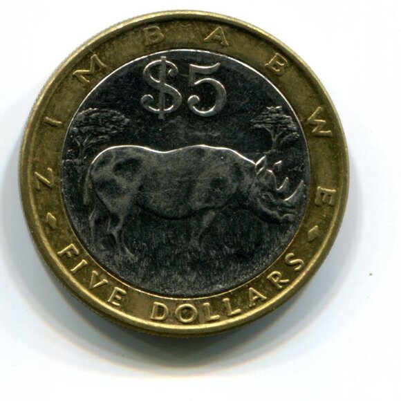 2001 Zimbabwe Bimetallic Rhino $5 Coin (b489-26) - Picture 2 of 2